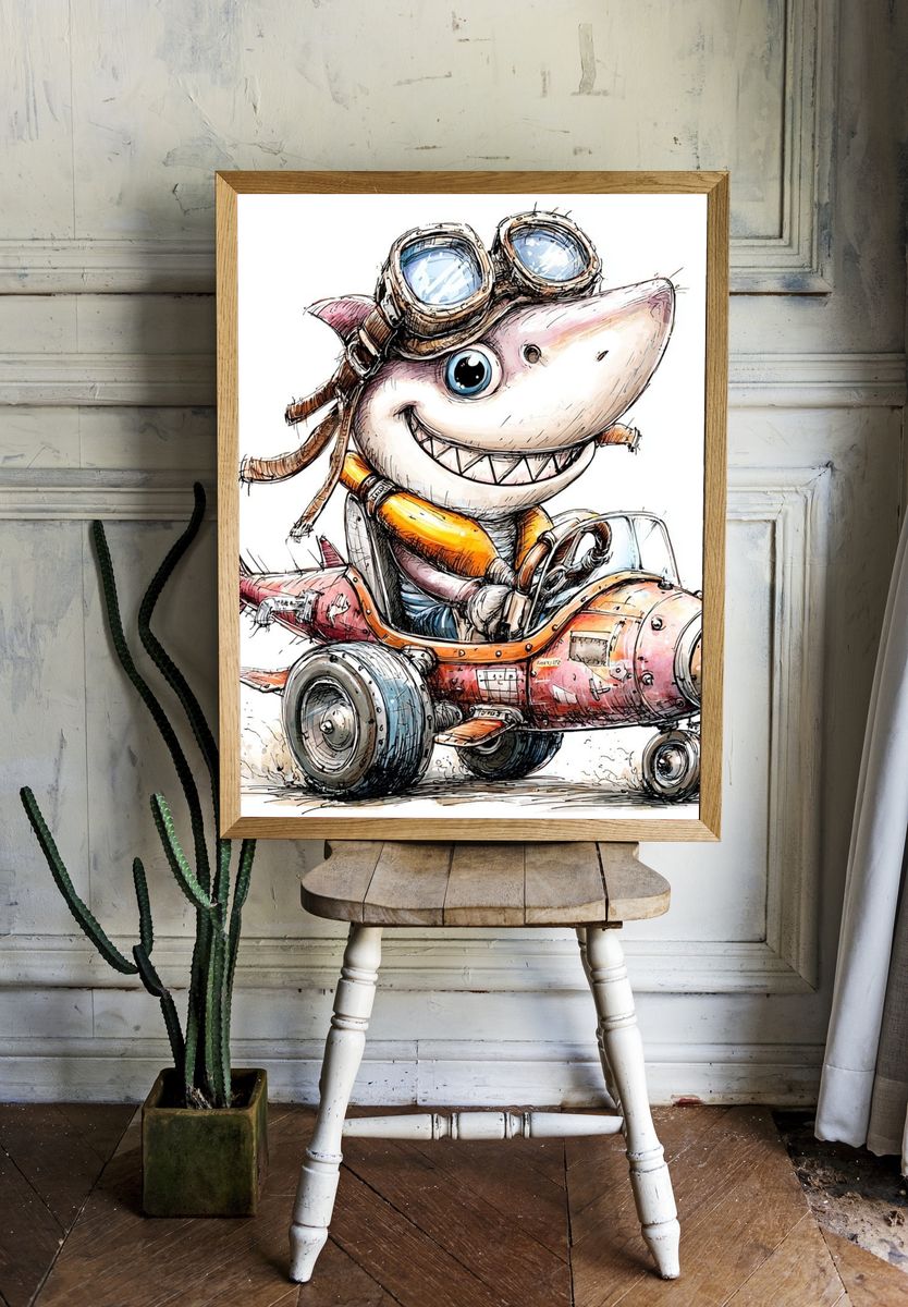 Adventurous Shark Pilot — Cartoon Print room preview