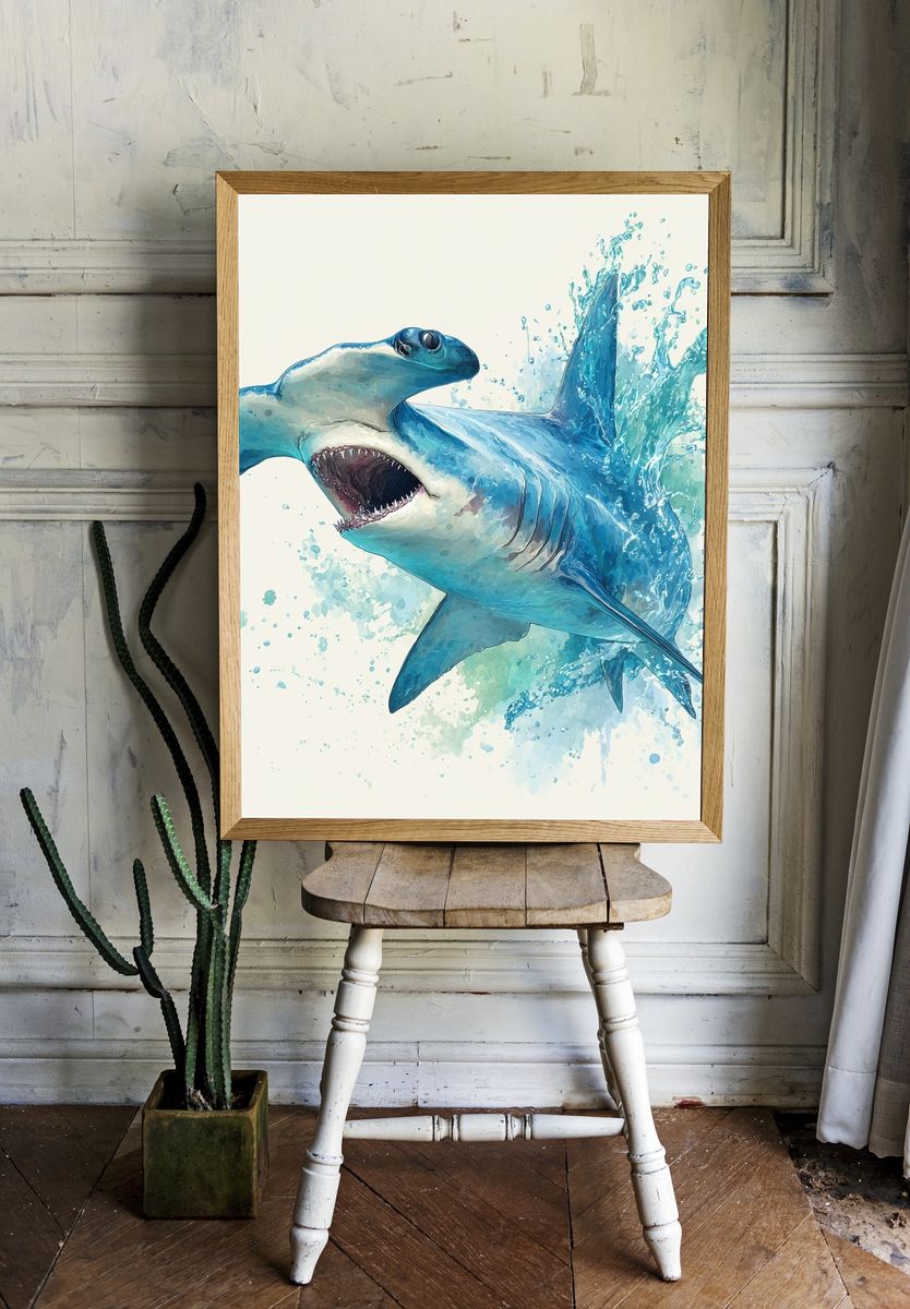 Hammerhead Shark — Watercolor Print. room preview