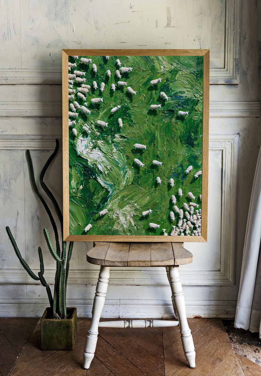 Sheep on Green Hillside Print. — room view 1