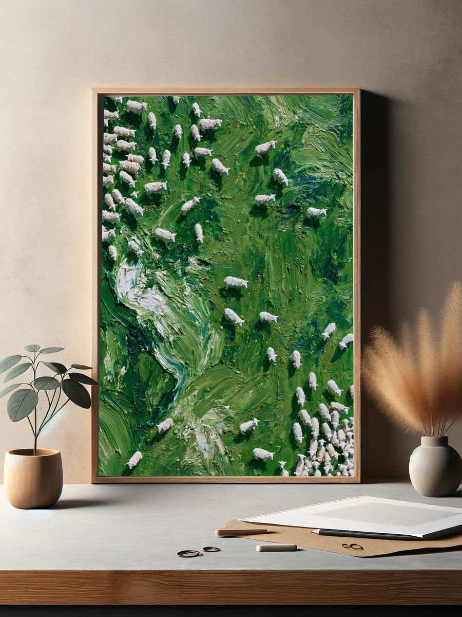 Sheep on Green Hillside Print. — room view 2