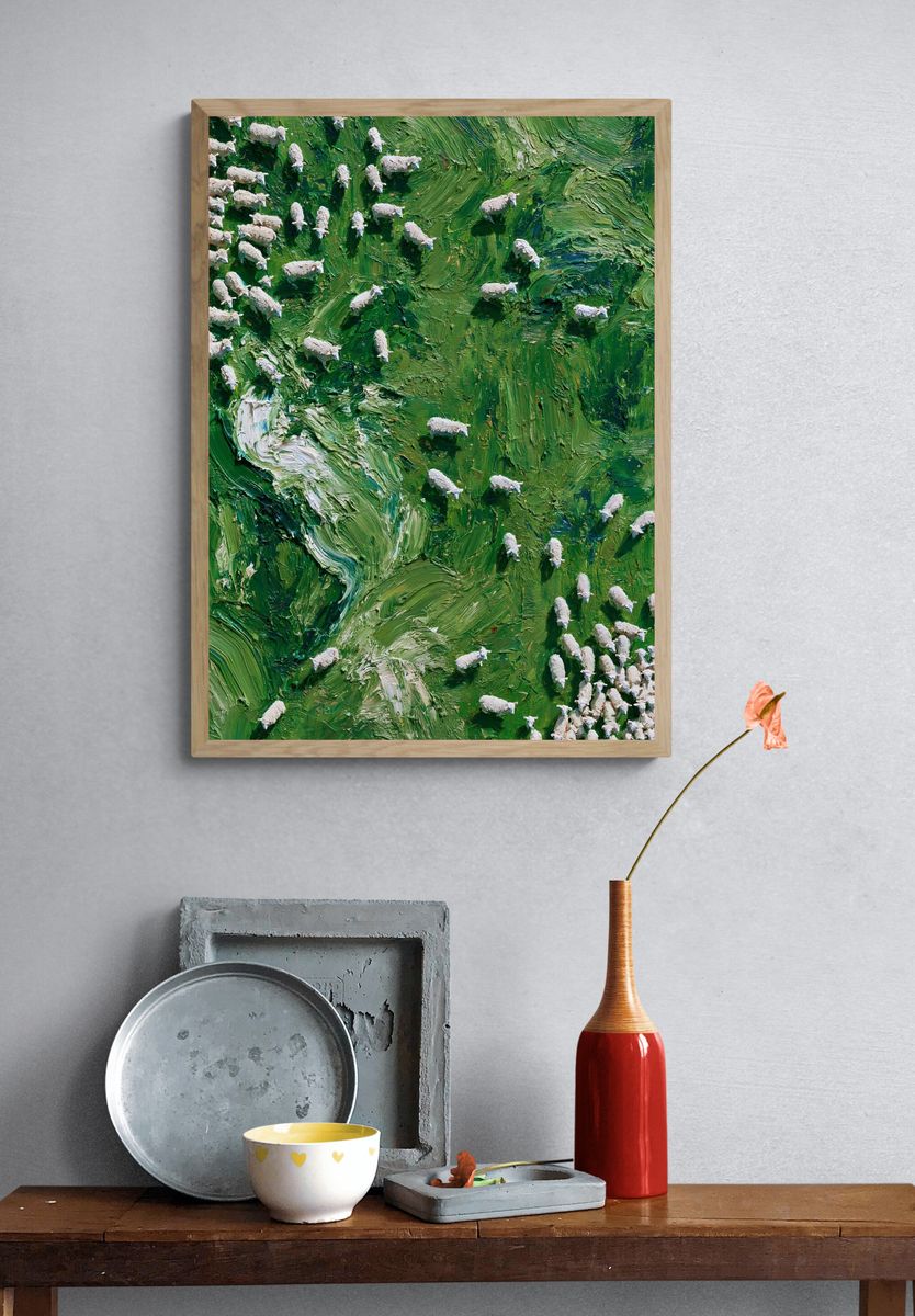 Sheep on Green Hillside Print. — room view 3