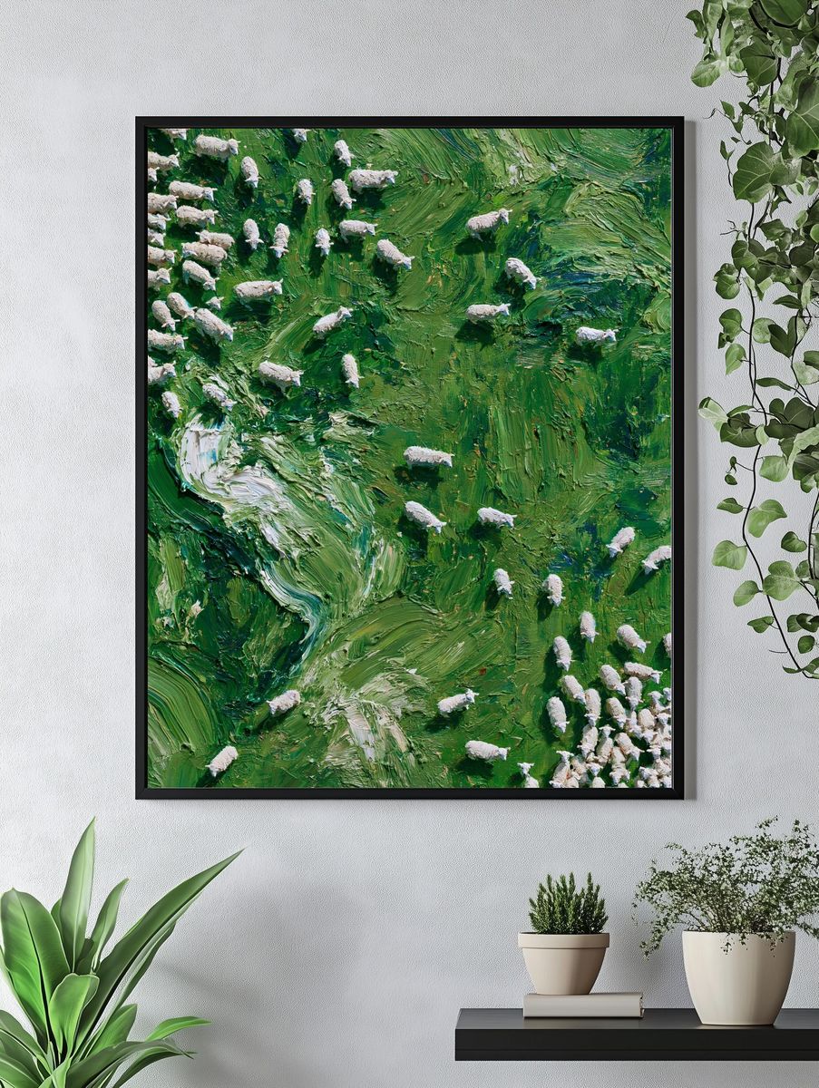 Sheep on Green Hillside Print. — room view 4