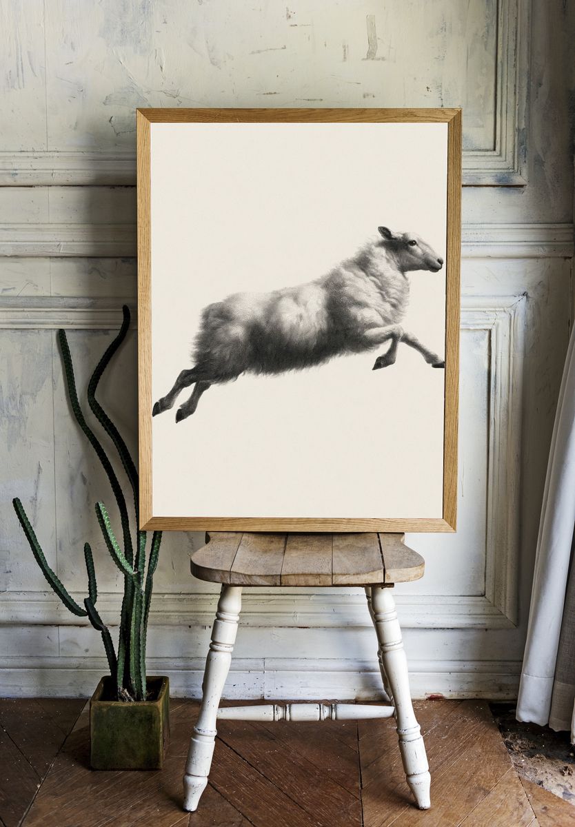 Leaping Sheep Black-White Print. — room view 1