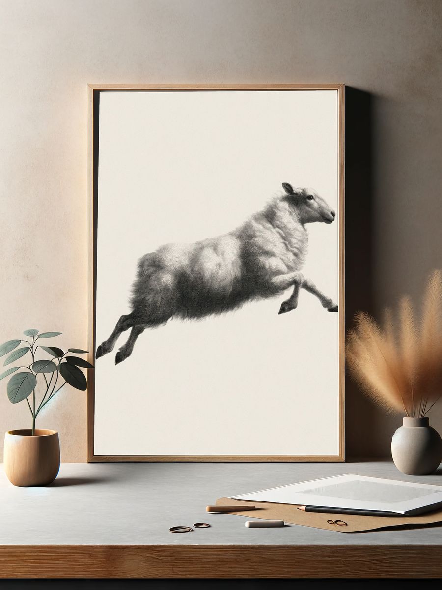 Leaping Sheep Black-White Print. — room view 2