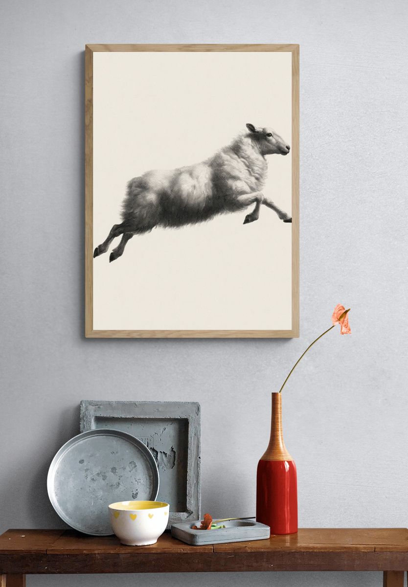 Leaping Sheep Black-White Print. — room view 3