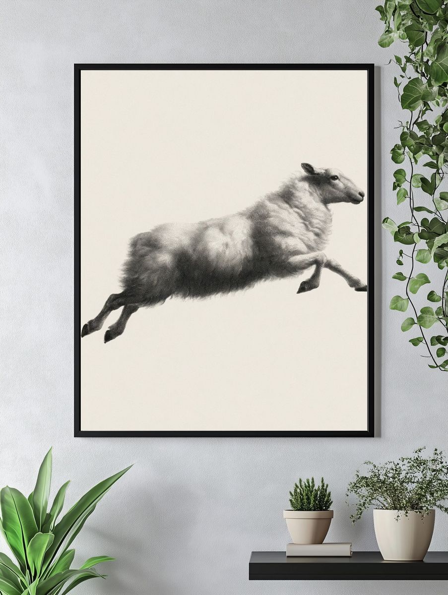 Leaping Sheep Black-White Print. — room view 4