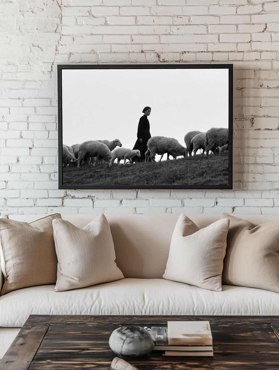 Shepherd and Sheep Black-White Poster. — room view 1