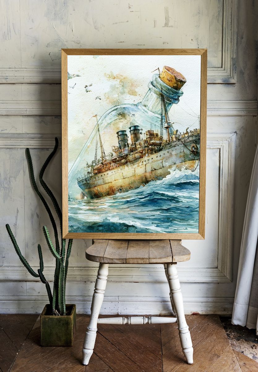 Ship in Bottle Watercolor Print. room preview