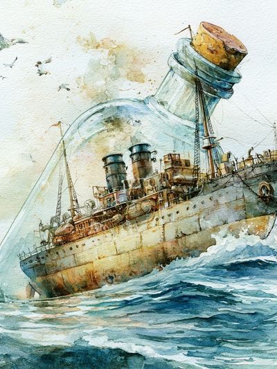 Ship in Bottle Watercolor Print.