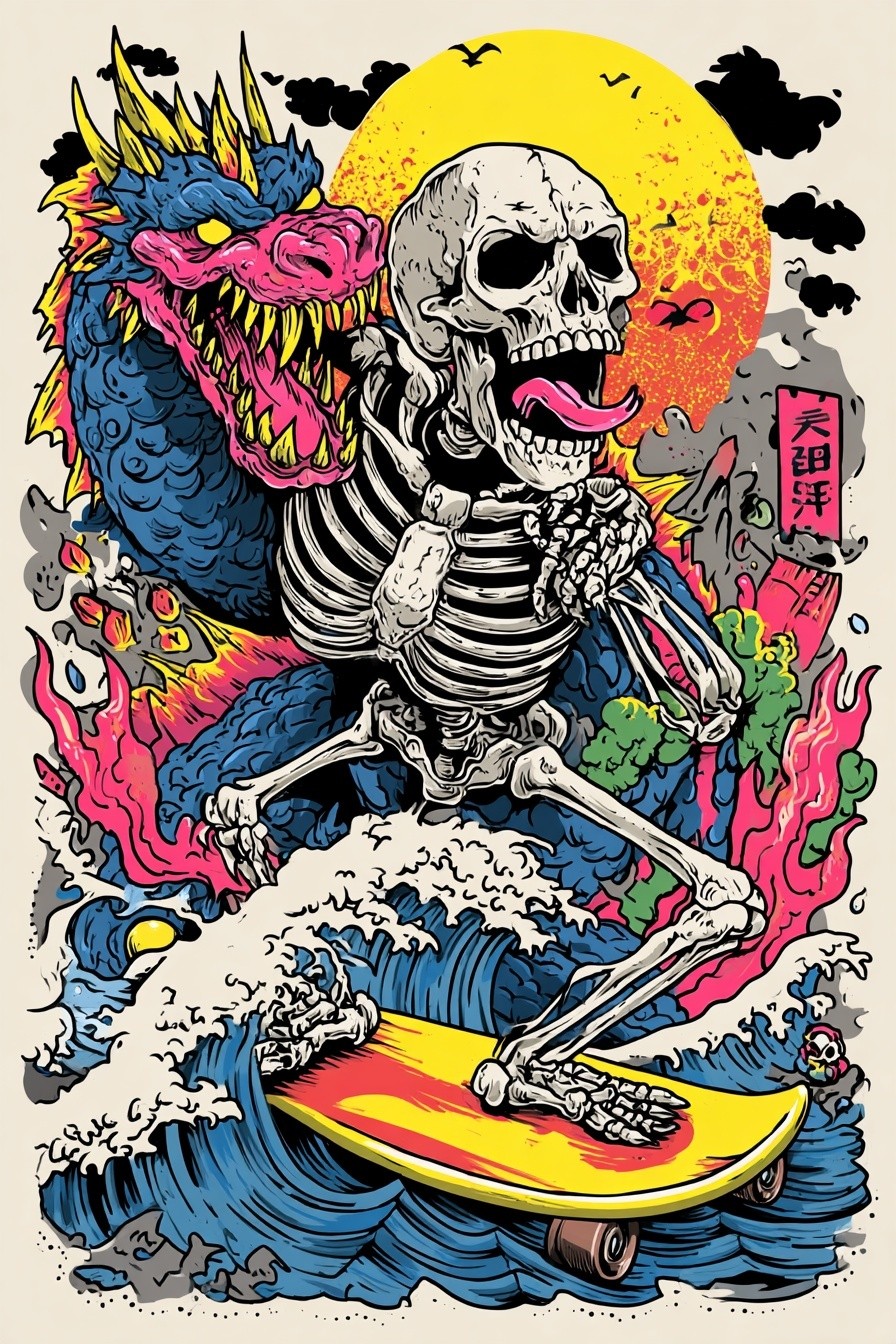 Skeleton Surfing with Dragon — Illustration Print. poster — illustration art