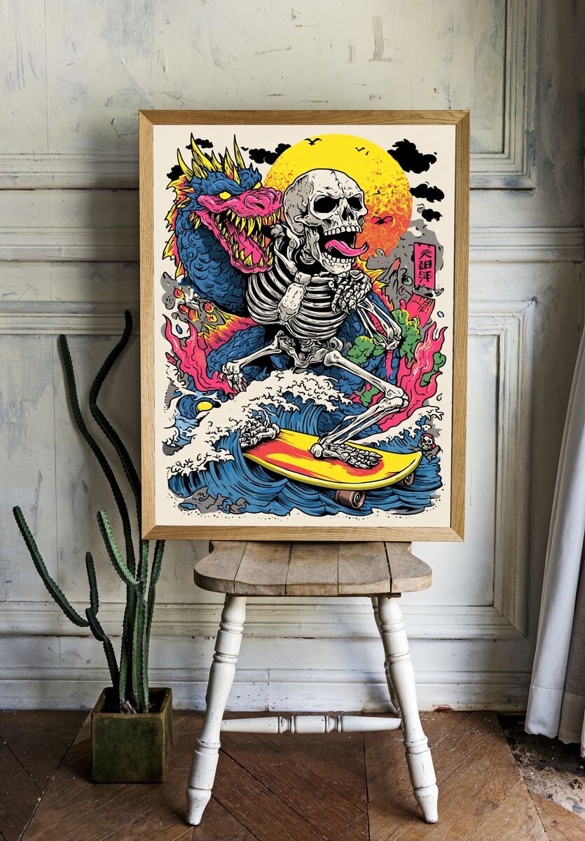 Skeleton Surfing with Dragon — Illustration Print. — room view 1