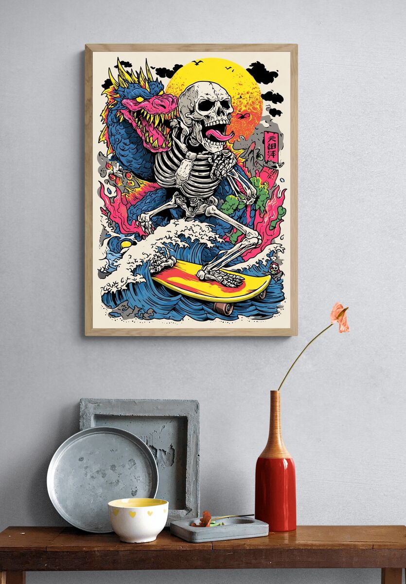 Skeleton Surfing with Dragon — Illustration Print. — room view 3