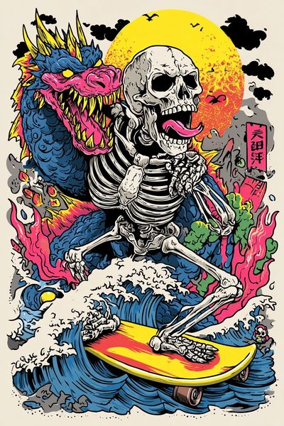Skeleton Surfing with Dragon — Illustration Print. poster