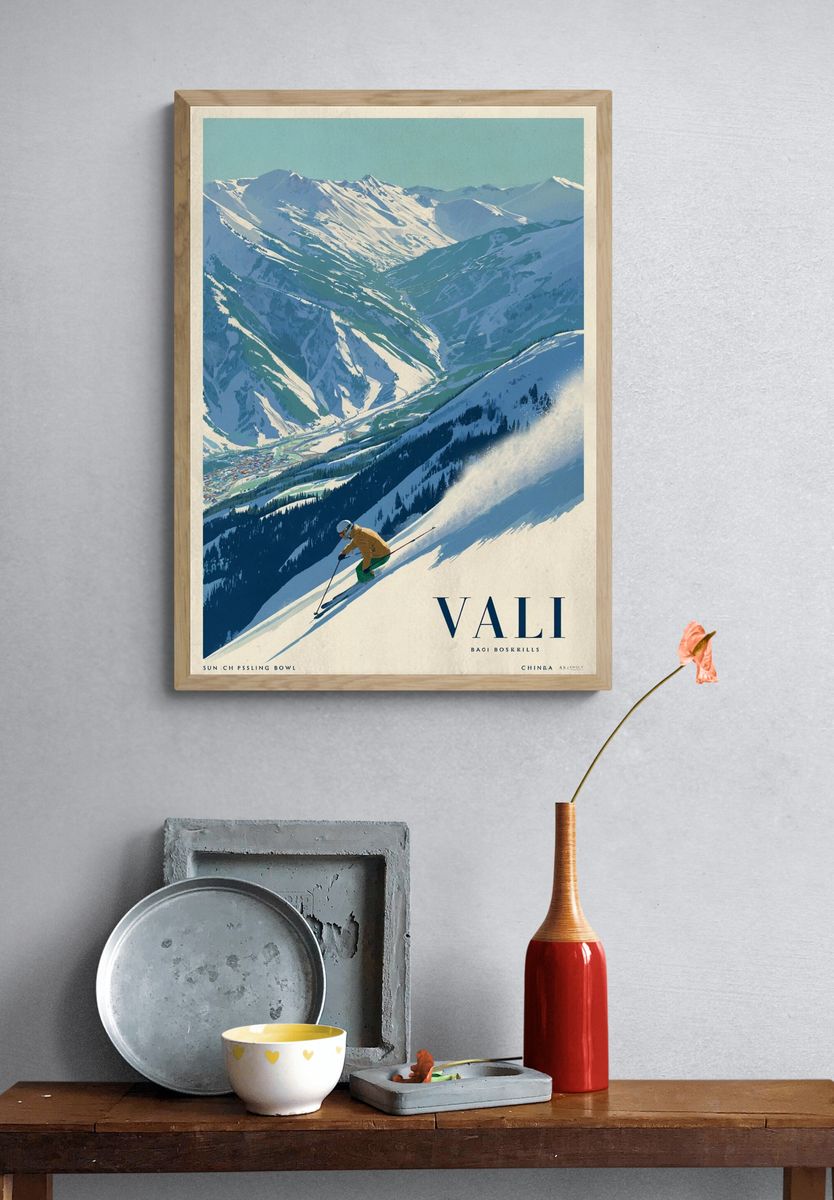 Skiing in the Mountains — Vintage Print. — room view 3