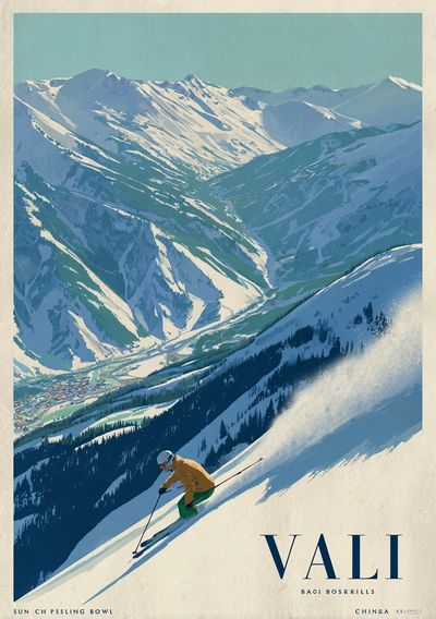 Skiing in the Mountains — Vintage Print. poster