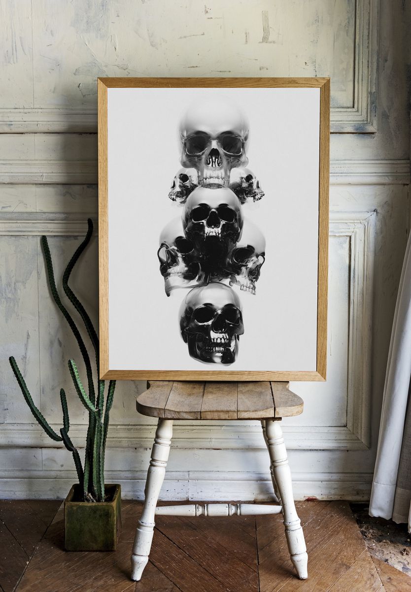 Stacked Skulls Black-White Poster. — room view 1