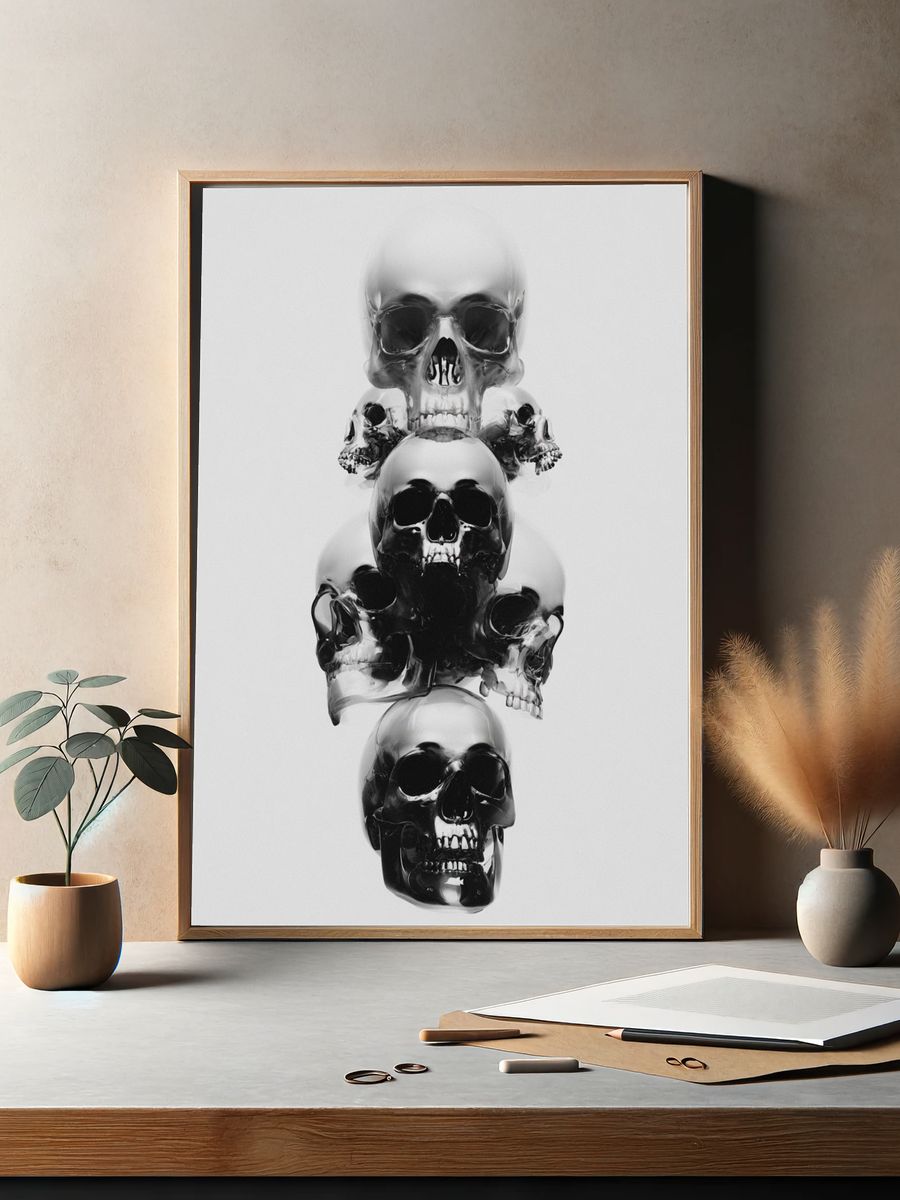 Stacked Skulls Black-White Poster. — room view 2