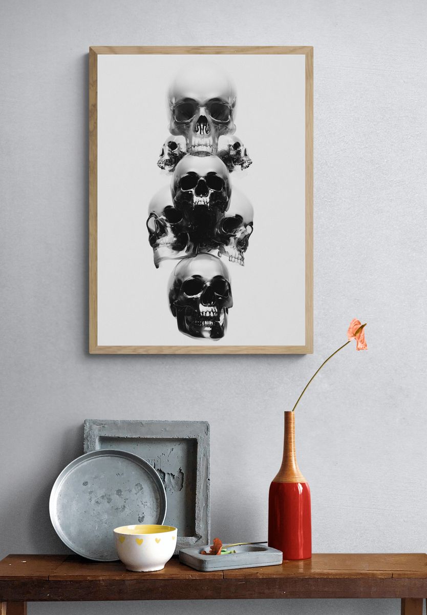 Stacked Skulls Black-White Poster. — room view 3