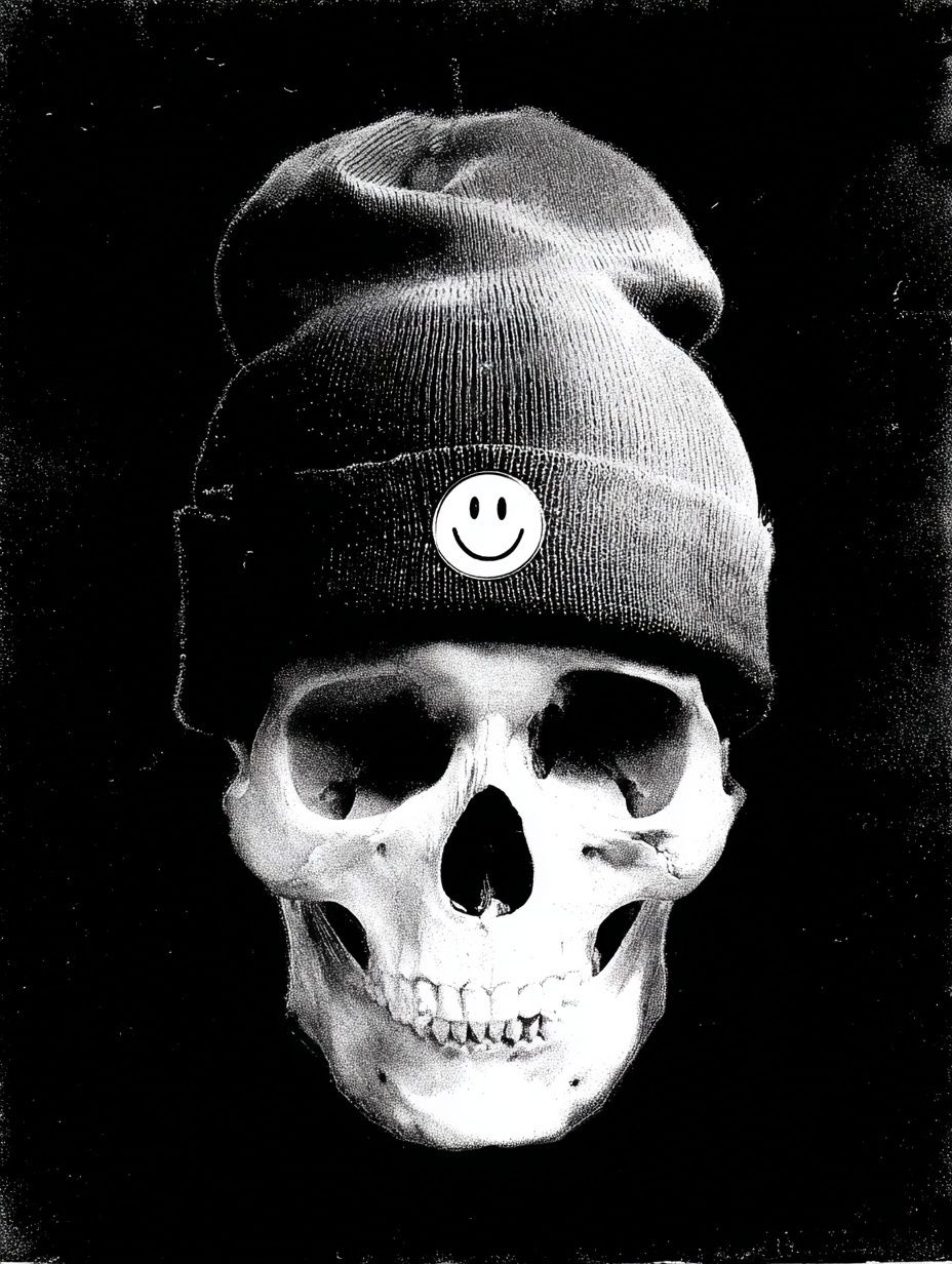 Skull with Beanie — Black and White Print. poster detail