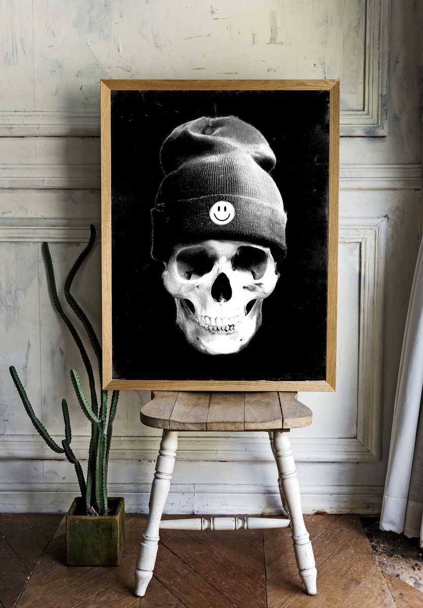 Skull with Beanie — Black and White Print. — room view 1