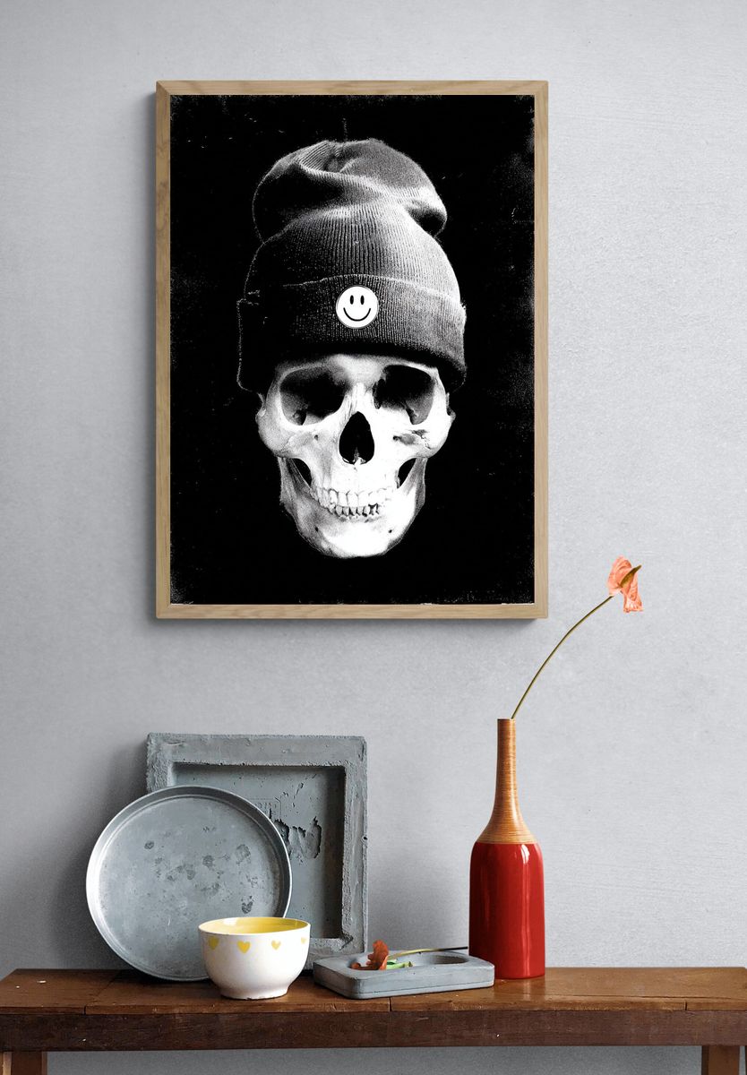 Skull with Beanie — Black and White Print. — room view 3