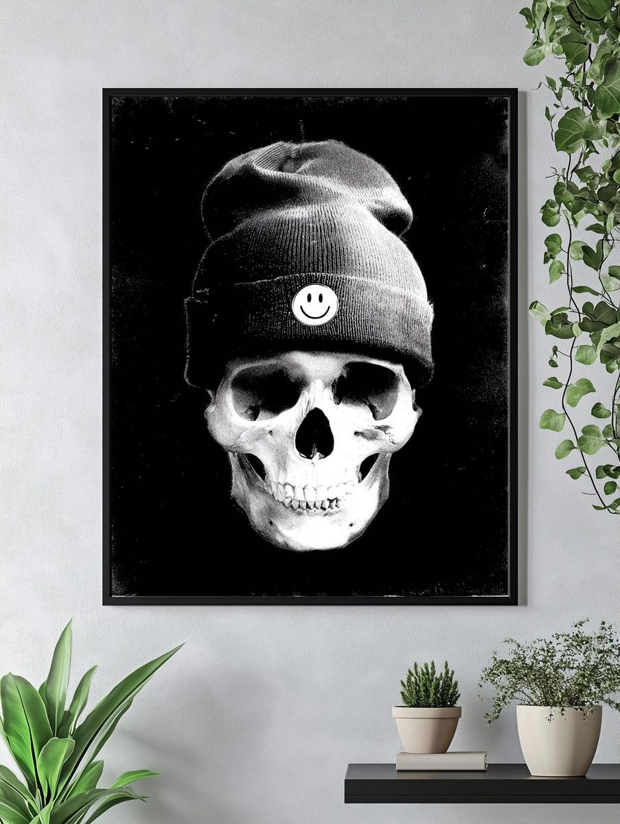 Skull with Beanie — Black and White Print. — room view 4
