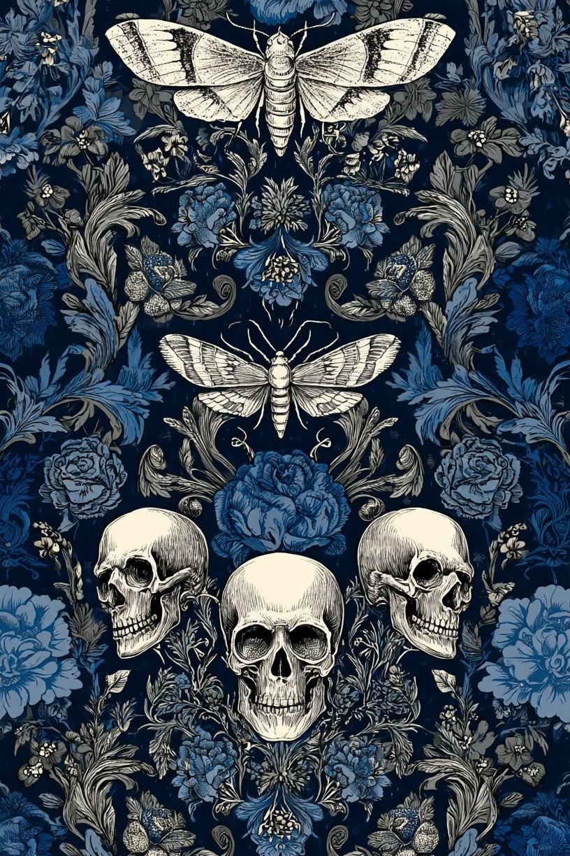 Skulls and Moths Floral Pattern Poster. poster — illustration art