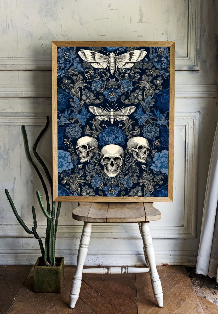 Skulls and Moths Floral Pattern Poster room preview