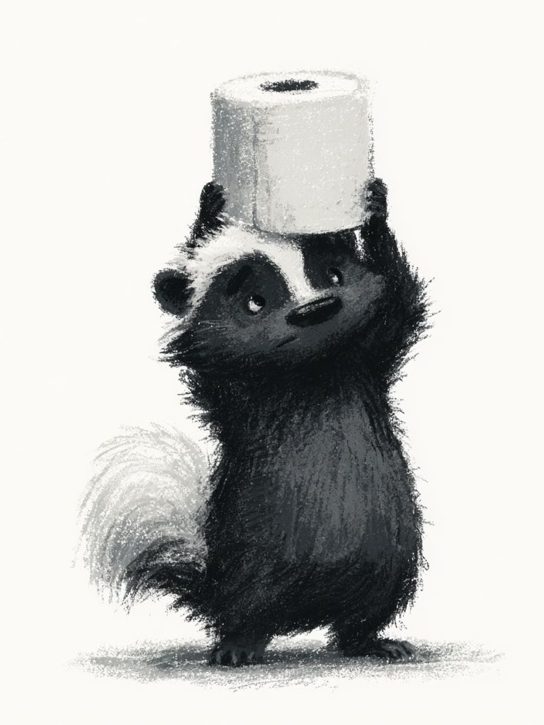 Skunk with Toilet Paper Illustration Poster. poster — animals art