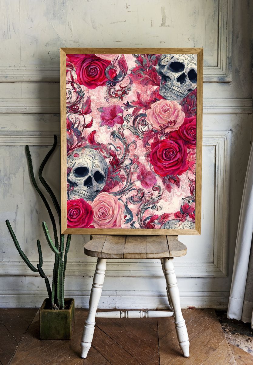 Skull and Roses — Gothic Art Print. room preview