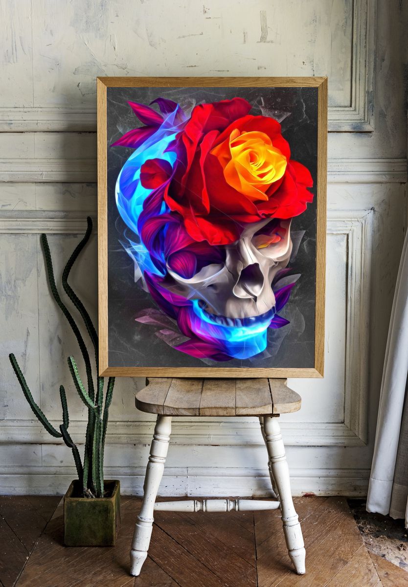 Skull with Roses — Digital Art Print room preview