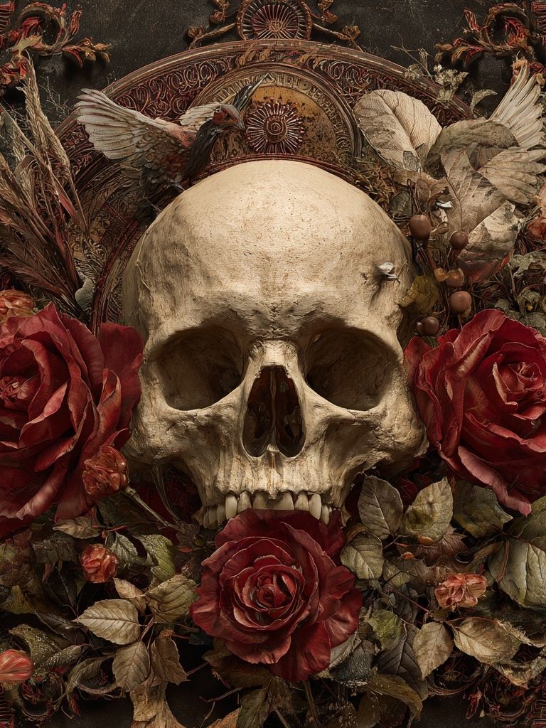Skull and Roses — Dark Art Print. poster — fine-art art