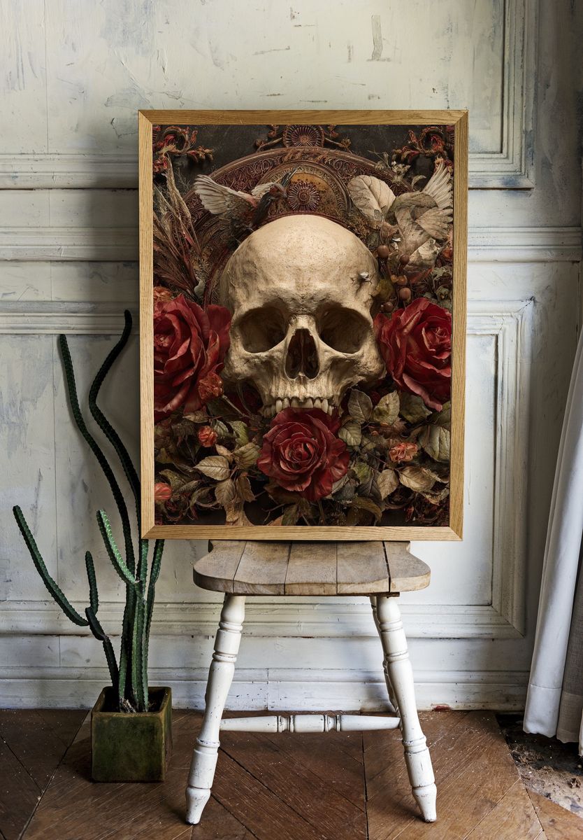 Skull and Roses — Dark Art Print. room preview