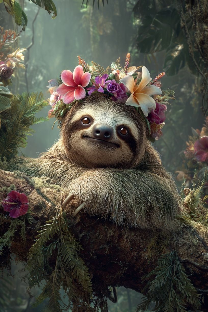 Sloth in Floral Crown — Animal Print. poster — animals art