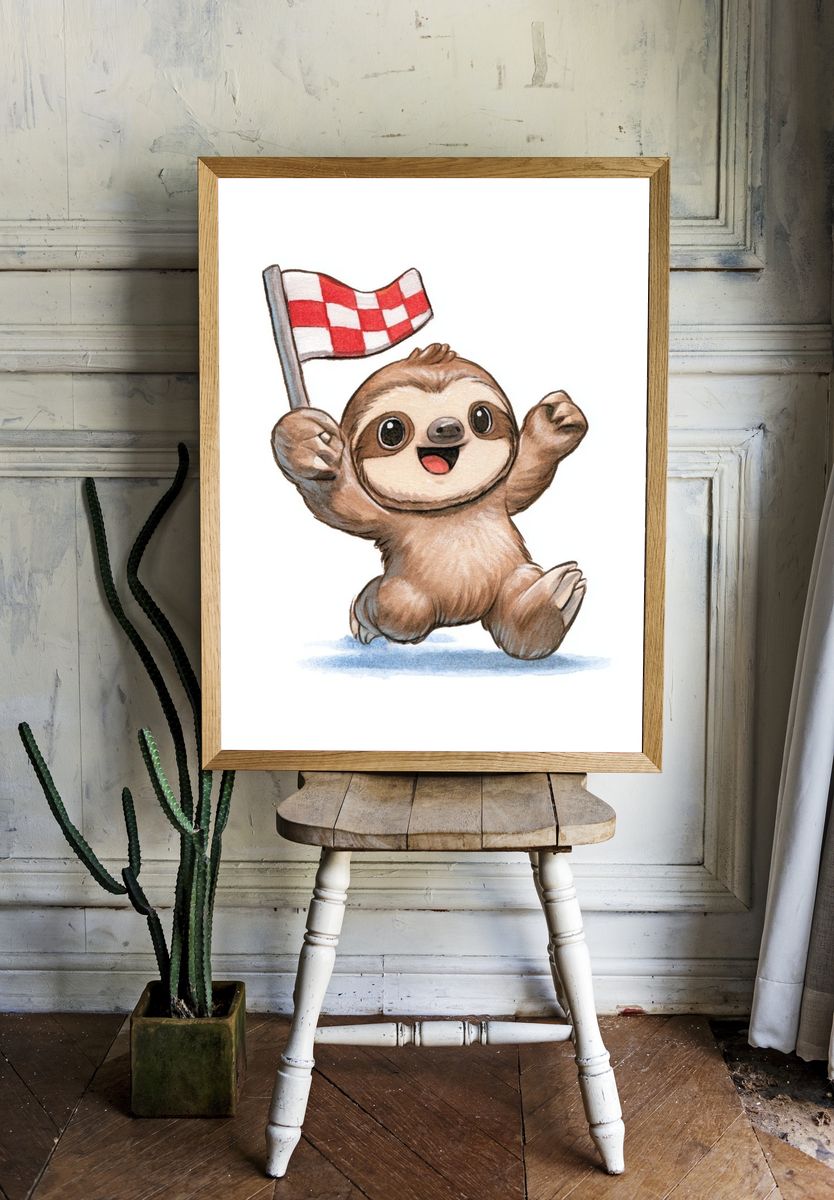 Cheering Sloth Watercolor Poster. — room view 1