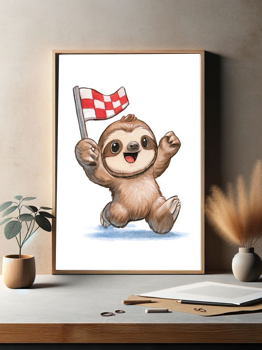 Cheering Sloth Watercolor Poster. — room view 2
