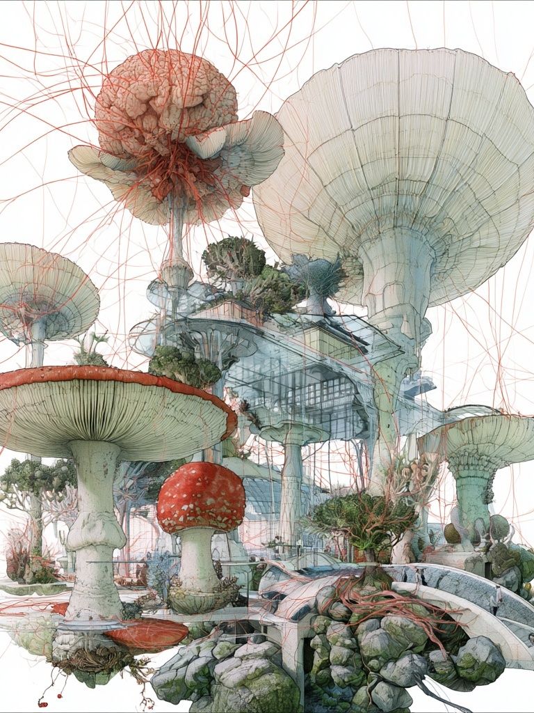 Surreal Mushroom Garden Print. poster detail