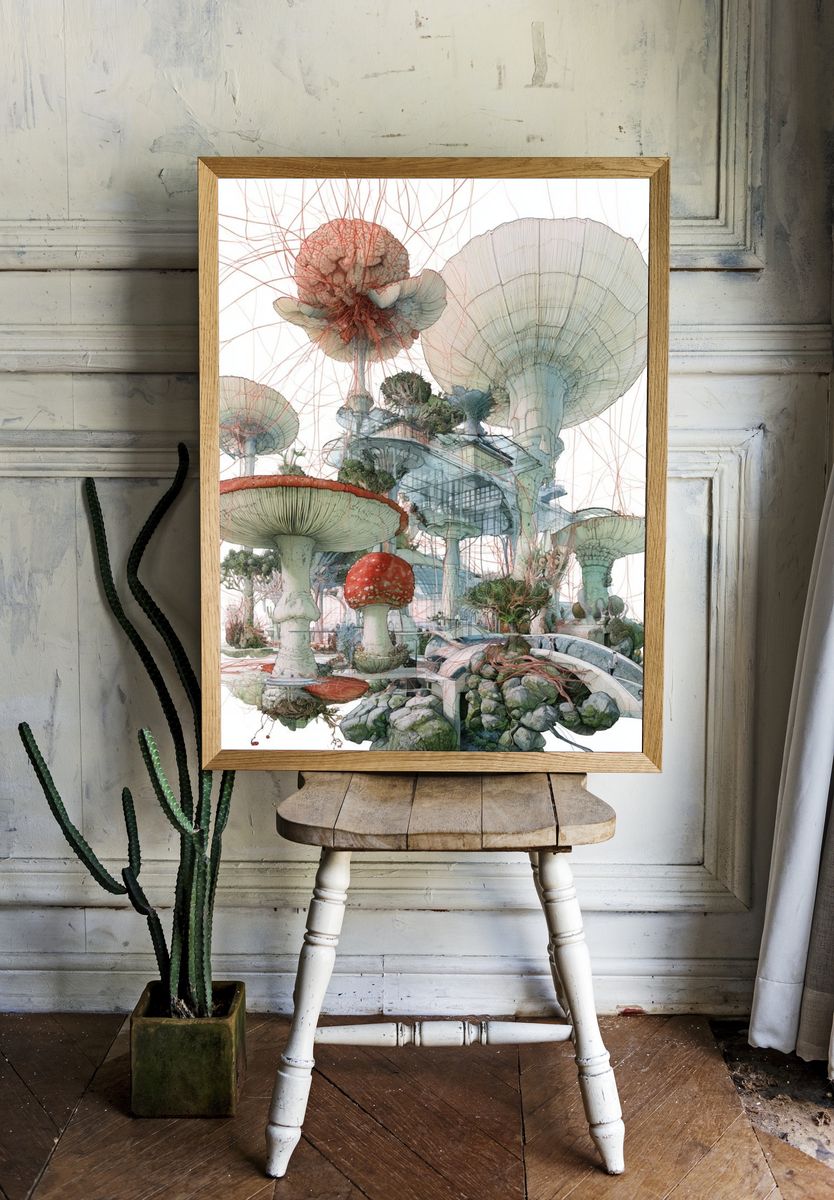 Surreal Mushroom Garden Print. room preview