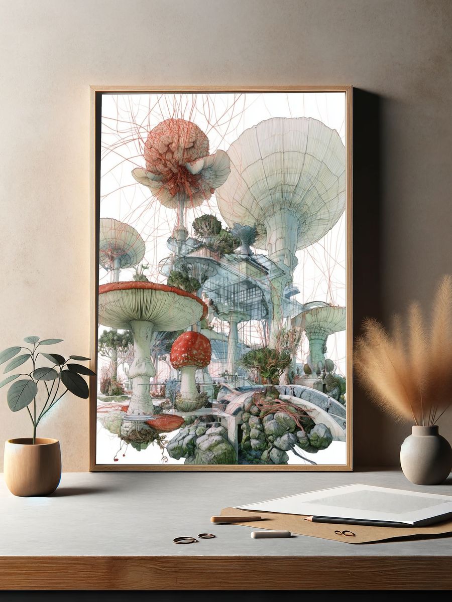 Surreal Mushroom Garden Print. — room view 2