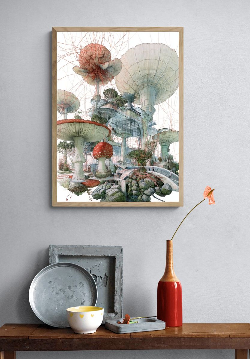 Surreal Mushroom Garden Print. — room view 3