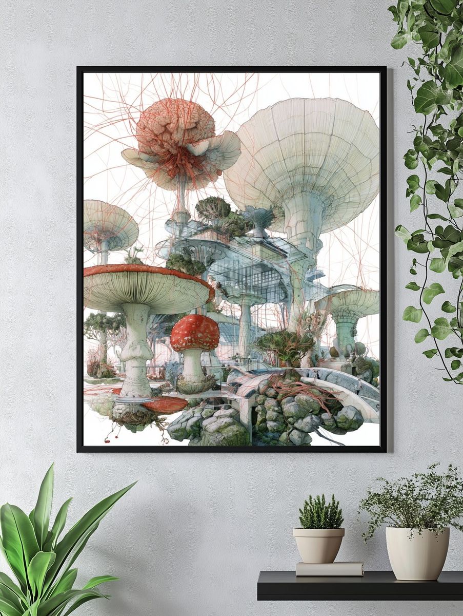 Surreal Mushroom Garden Print. — room view 4
