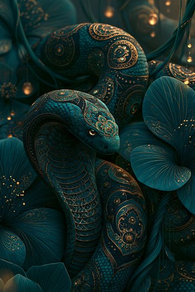 Ornate Teal Snake Illustration Poster. poster