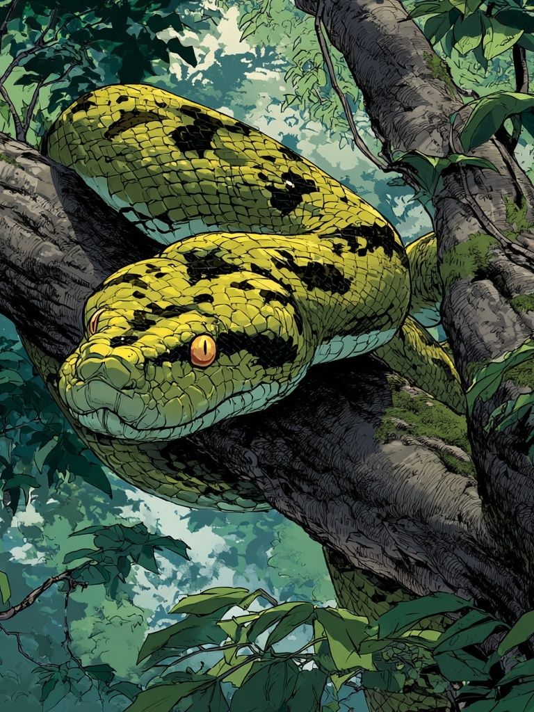 Green Python in Jungle — Illustration Print. poster detail