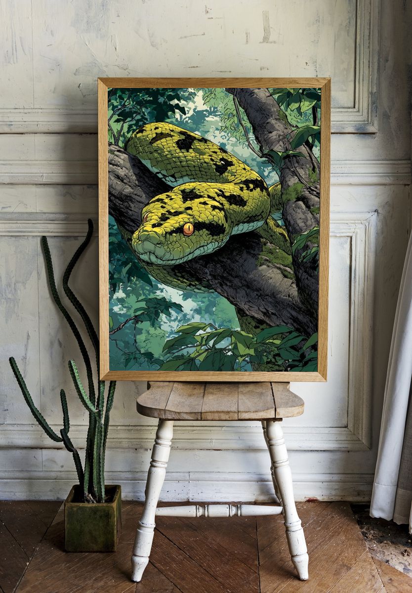 Green Python in Jungle — Illustration Print. room preview