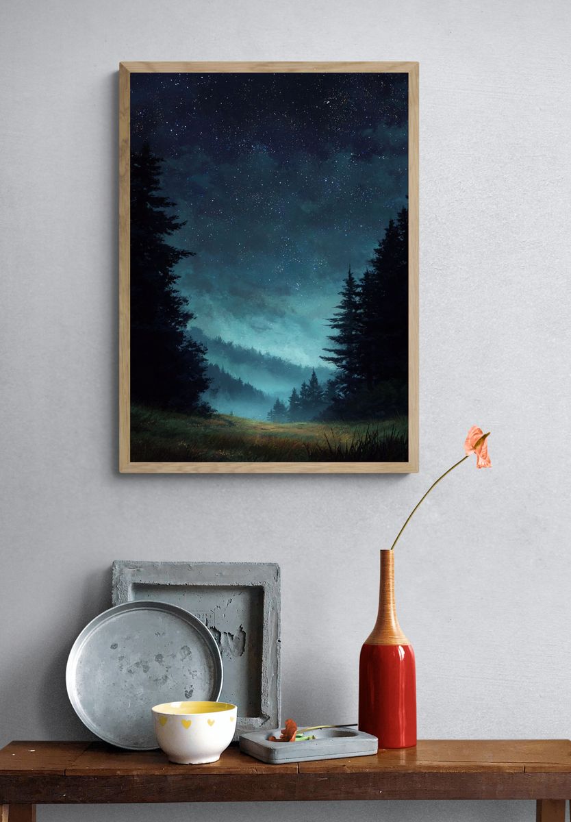 Starry Night Over Forest — Nature Print. — room view 3