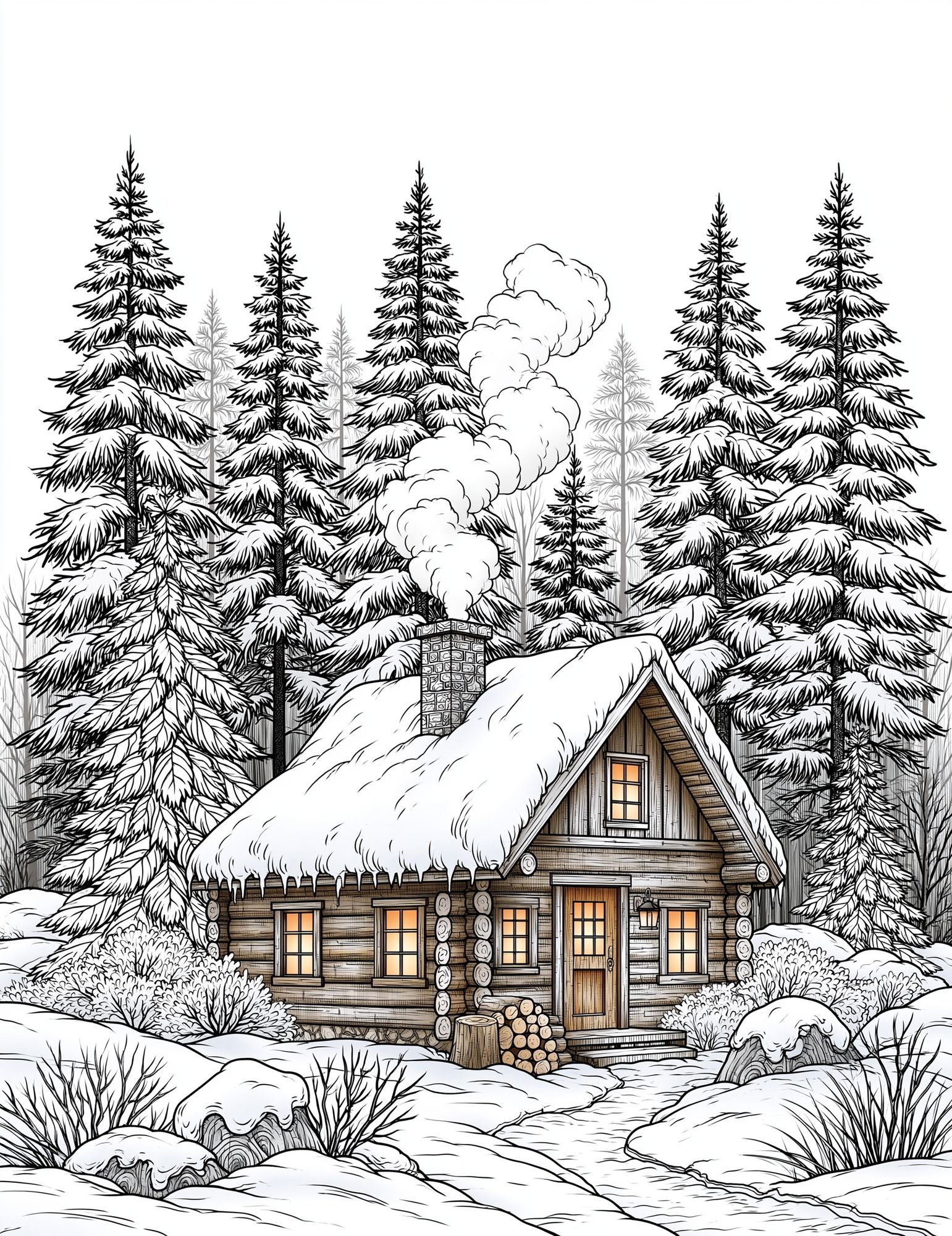 Snowy Cabin Forest Illustration Poster. poster detail