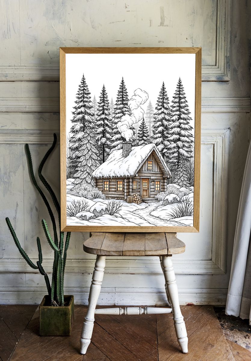 Snowy Cabin Forest Illustration Poster. — room view 1