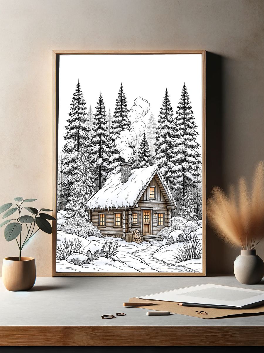 Snowy Cabin Forest Illustration Poster. — room view 2