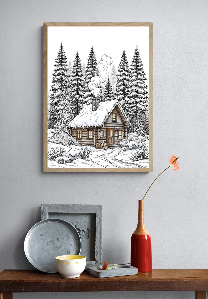 Snowy Cabin Forest Illustration Poster. — room view 3