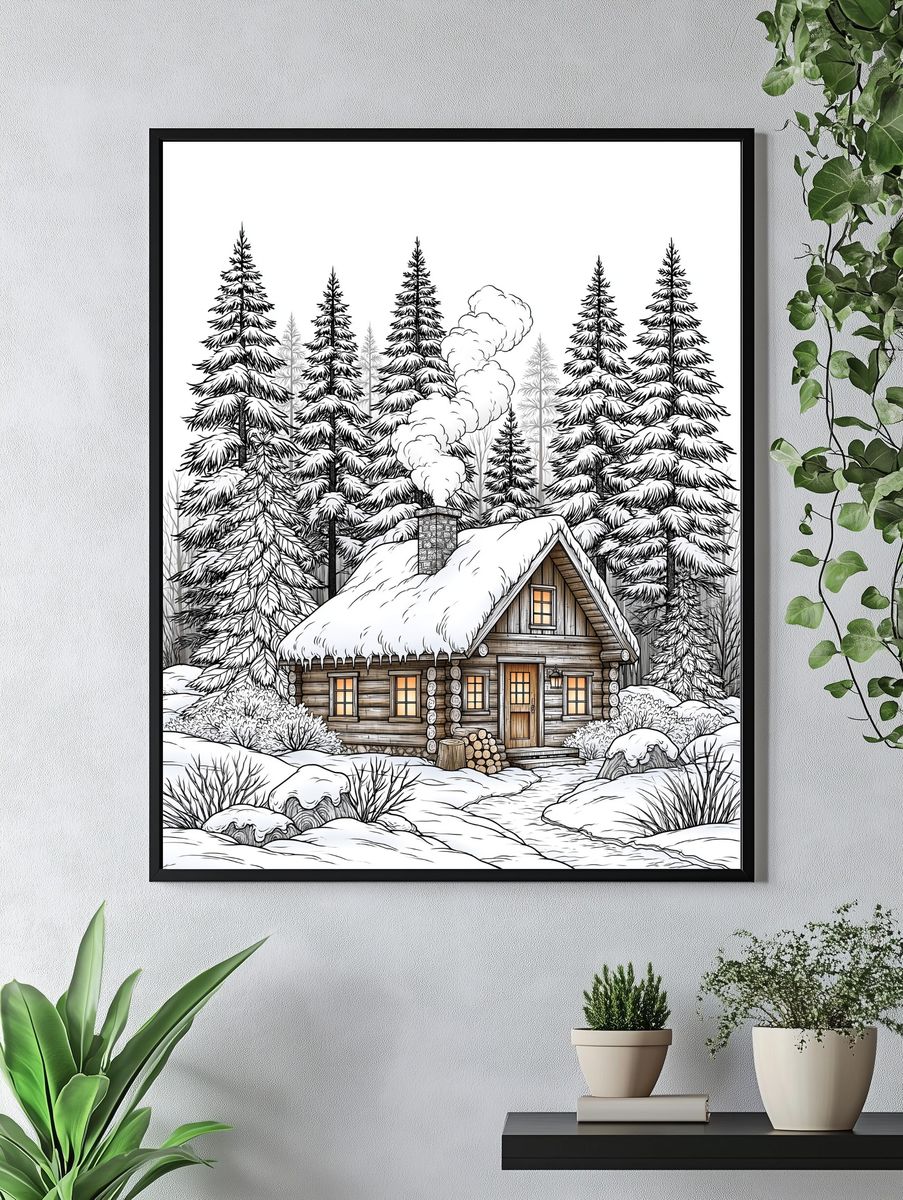 Snowy Cabin Forest Illustration Poster. — room view 4